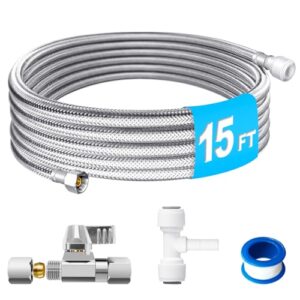 Kit de linha de água para geladeira – Linha de água de máquina de gelo de aço inoxidável de 15FT para conectar o sistema RO, mangueira interna PEX linha de água da geladeira com empurrar 1/10.2 cm x 1