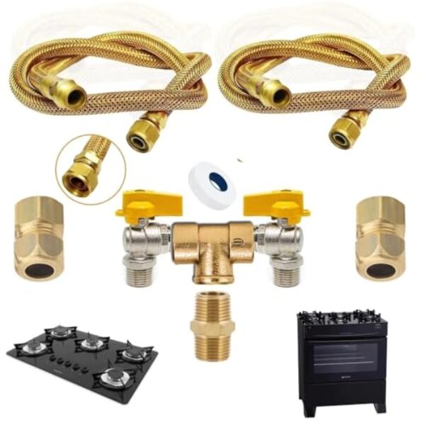 Kit Duplo de Instalação para Gás Encanado, Mangueira Trançada Dourada com Válvulas, Compatível com Cooktop, Fogão e Forno Brastemp, Electrolux, Consul (1,50 Metros)