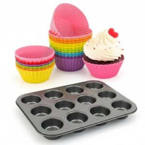 Kit Forminhas de Silicone Cupcake 12 Unidades Reutilizável e Forma de Aço Assadeira Antiaderente para Cupcake e Muffin - Formas para Mini Bolos Air Fryer ou Forno Premium MyBrins