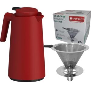 Kit Garrafa Térmica 1L VerCelli com Coador Inox Tamanho 103 Filtro de Café Permanente Unitermi (VERMELHA)