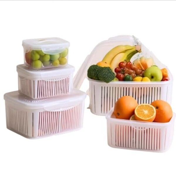 Kit Potes Herméticos com Cesto, 5 Peças, Plástico Livre de BPA, Tampa Vedada com Anel de Silicone, Capacidades 750ml a 6000ml, para Geladeira e Freezer