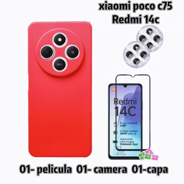 Kit Xiaomi Poco C75 Redmi 14C + Película da Vidro 3D +Capa Capinha +Película Câmera Xiaomi Poco C75