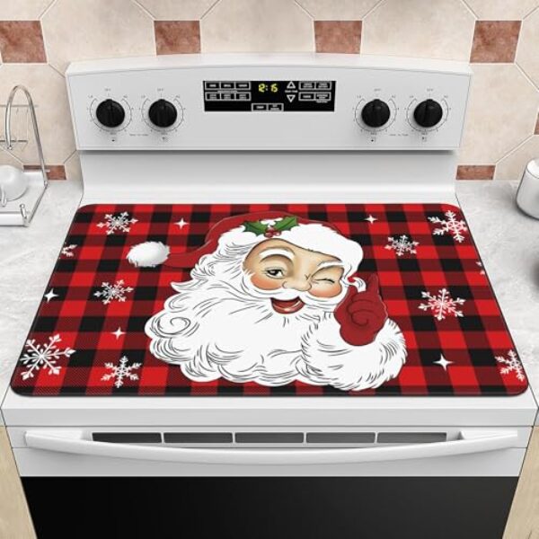 KIYIYZER Capa superior de fogão de Natal, 71 x 50 cm, design xadrez de Papai Noel, tapete de vidro resistente ao calor para fogão elétrico, vermelho e preto (vermelho)
