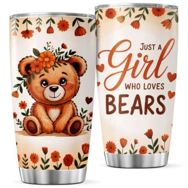 KOIXA Just A Girl Who Loves Bears Tumbler urso fofo design floral aço inoxidável 590 ml presente para mulheres e amantes calor ao ar livre viagem caneca de chá garrafa bebida gelada frio quente café