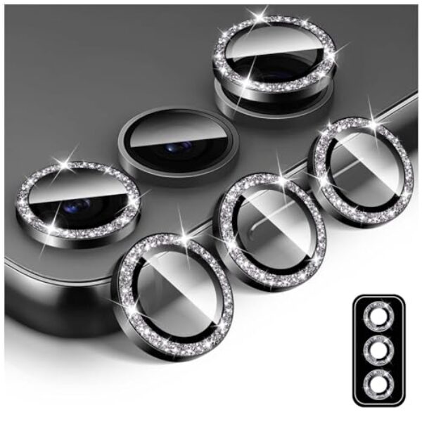 Kucheed Protetor de lente de câmera Bling para Samsung Galaxy A05s, protetor de tela de vidro temperado, alinhamento automático de glitter, anéis de metal individuais, adesivos de filme