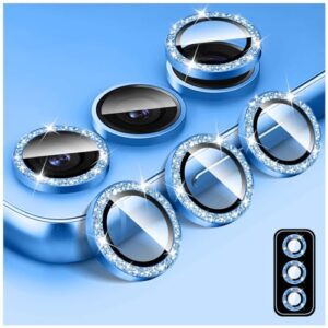 Kucheed Protetor de lente de câmera Bling para Samsung Galaxy A06, protetor de tela de vidro temperado, alinhamento automático de glitter, anéis de metal individuais, adesivos de filme