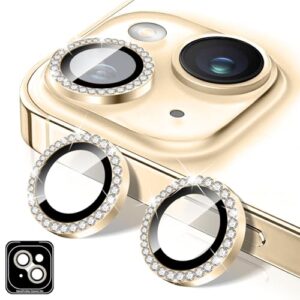 Kucheed Protetor de lente de câmera Diamond compatível com iPhone 14/14 Plus, capa de câmera de vidro temperado Bling 9H, anéis de metal de alinhamento automático individual, adesivos de filme de capa