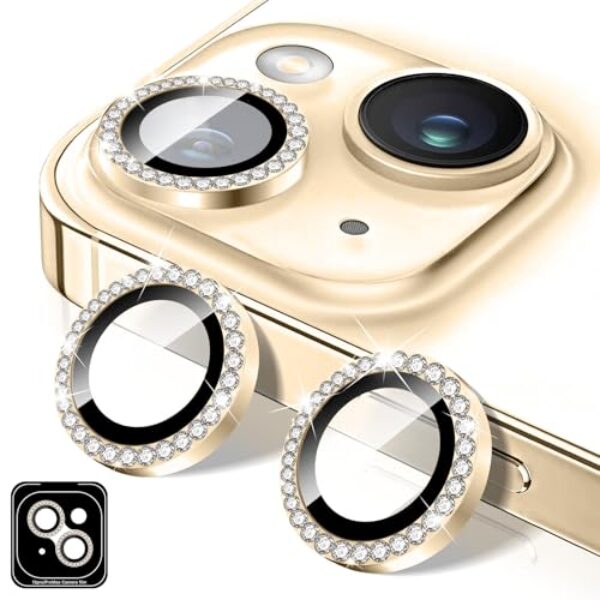Kucheed Protetor de lente de câmera Diamond compatível com iPhone 14/14 Plus, capa de câmera de vidro temperado Bling 9H, anéis de metal de alinhamento automático individual, adesivos de filme de capa