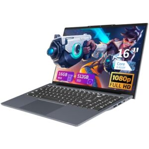 KUMNOSAL Laptop de 16 polegadas, tela FHD IPS 1200p, laptop para jogos i5 (até 3,6 GHz) para 16 GB LPDDR4 RAM 512 GB SSD, WiFi aberto de 180 ângulos, 5, teclado retroiluminado HDMI, gráficos UHD 617