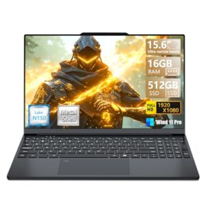 KUMNOSAL Laptop para jogos 2025, moldura estreita, laptop com processador quad-core Twin Lake N150 (até 3,6 GHz) 16GB DDR4 512GB SSD 15,6 polegadas FHD Premium Laptop Winds 11 Pro, capa de metal, tipo