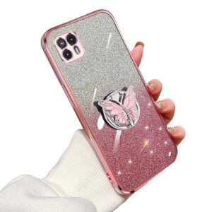 KUWAI Capa com glitter compatível com Moto G50 5G capa borboleta com suporte para Motorola G50 5G TPU macio galvanizado bling capa à prova de choque para mulheres meninas capa para Moto G50 5G (rosa)