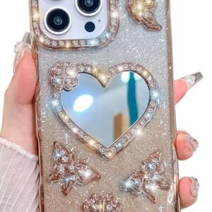 Kwhapoo Capa luxuosa de diamante compatível com iPhone 16 Pro Max de 6,7 polegadas, capa espelhada de coração com glitter, capa traseira de silicone macio à prova de choque para mulheres e meninas