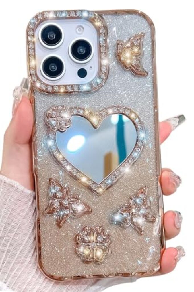 Kwhapoo Capa luxuosa de diamante compatível com iPhone 16 Pro Max de 6,7 polegadas, capa espelhada de coração com glitter, capa traseira de silicone macio à prova de choque para mulheres e meninas