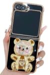 Kwhapoo Linda capa com suporte compatível com Samsung Galaxy Z Flip 5/Z Flip 6 de 6,7 polegadas, contas douradas 3D luxuosas, areia movediça, suporte feminino de urso para mulheres, capas macias de