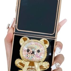 Kwhapoo Linda capa com suporte compatível com Samsung Galaxy Z Flip 5/Z Flip 6 de 6,7 polegadas, contas douradas 3D luxuosas, areia movediça, suporte feminino de urso para mulheres, capas macias de