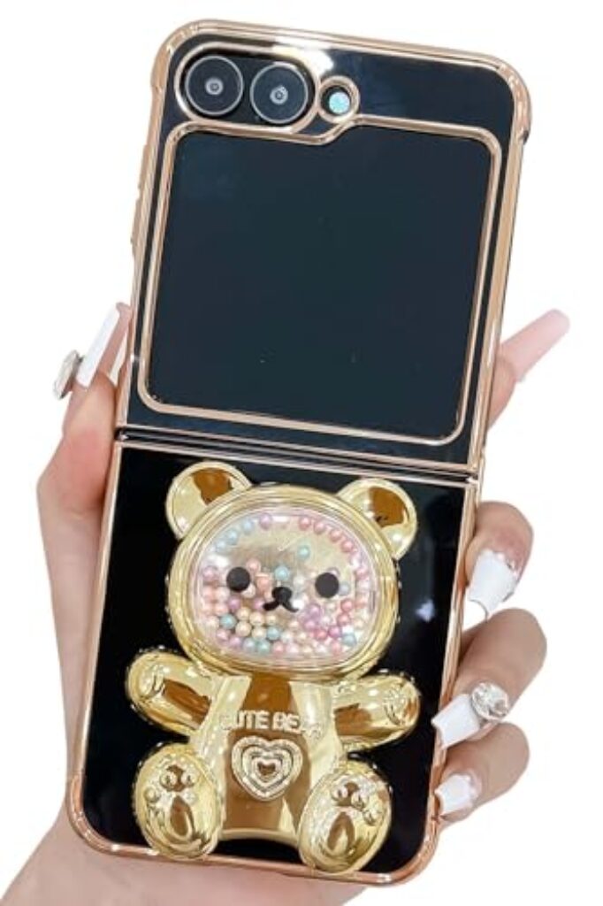 Kwhapoo Linda capa com suporte compatível com Samsung Galaxy Z Flip 5/Z Flip 6 de 6,7 polegadas, contas douradas 3D luxuosas, areia movediça, suporte feminino de urso para mulheres, capas macias de