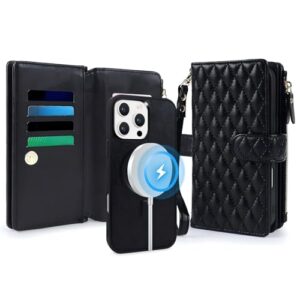 Lacass Capa carteira para iPhone 15 Pro, compatível com MagSafe 2 em 1 de couro sintético destacável magnético com bloqueio de RFID, suporte para cartão, cordão de pulso, acolchoado, preto