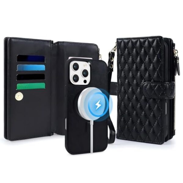 Lacass Capa carteira para iPhone 15 Pro, compatível com MagSafe 2 em 1 de couro sintético destacável magnético com bloqueio de RFID, suporte para cartão, cordão de pulso, acolchoado, preto