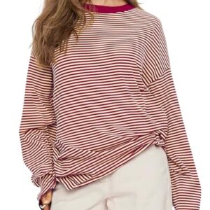 Lacozy Moletom feminino listrado grande gola redonda color block manga longa caimento solto moda outono, Riscas vermelhas damasco, G