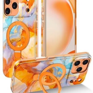 Lamcase Capa para iPhone 17 Pro com suporte magnético invisível de anel [compatível com MagSafe], capa com design de padrão de mármore à prova de choque para mulheres e homens e meninas, laranja