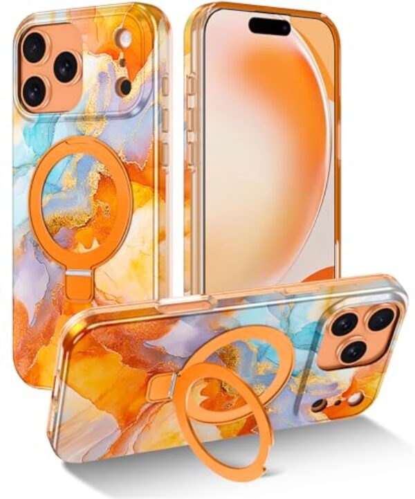 Lamcase Capa para iPhone 17 Pro com suporte magnético invisível de anel [compatível com MagSafe], capa com design de padrão de mármore à prova de choque para mulheres e homens e meninas, laranja