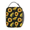 Lancheira portátil com flor de girassol floral preta e térmico reutilizável Ecobags para mulheres, homens, mulheres, adultos, meninas, trabalho, piquenique, acampamento