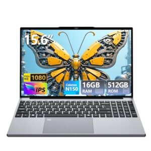 Laptop 2025, laptop com Celeron N150, topo de colo com SSD de 16 GB DDR4 de 512 GB, IPS de 15,6 polegadas 1080p, impressão digital com teclado retroiluminado, Win 11 Pro, laptops portáteis para