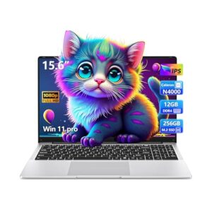 Laptop de 15,6 polegadas, processador N4000 para jogos, laptop com SSD LPDDR4 de 12 GB de 256 GB, laptops tradicionais prateados para trabalho e estudo, ângulo aberto de 180°, Wi-Fi de banda dupla