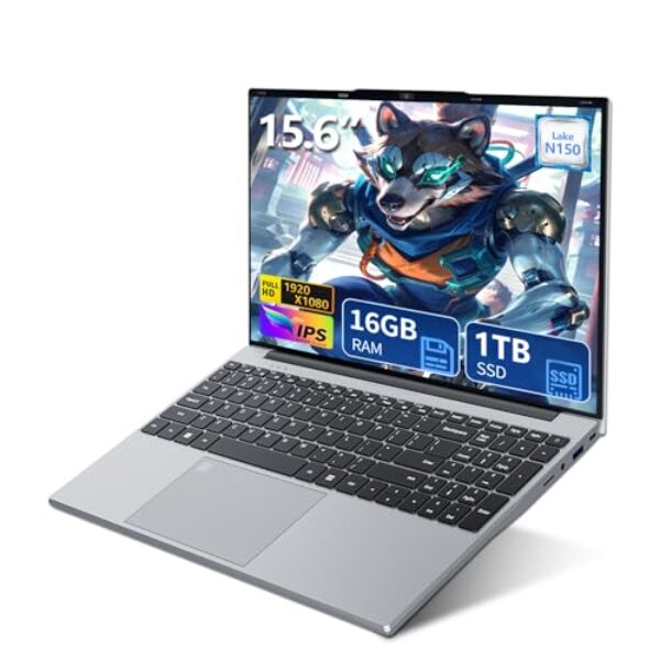 Laptop de 15,6 polegadas, processador quad-core N150 (até 3,6 GHz), laptop tradicional 16 GB RAM 1 TB SSD, teclado retroiluminado, desbloqueio de impressão digital, FHD 1920 x 1080, Win 11 Pro