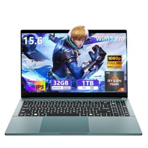 Laptop, laptop para jogos AMD Ryzen R5 7520H, laptop de 15,6 polegadas 32 GB RAM 1TB SSD, AMD Radeon Lap top, laptops com teclado retroiluminado, desbloqueio de impressão digital, 50 Wh, WiFi 5, BT