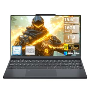 Laptop para jogos 2025, laptop de 15,6 polegadas com processador N150 (até 3,6 GHz), 16 GB RAM 1 TB SSD, teclado retroiluminado, FHD 1920 * 1080, WiFi 5, BT 4.2, desbloqueio de impressão digital, Win