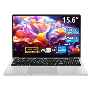 Laptop para jogos 2025, laptops tradicionais de 15,6 polegadas N4000, laptop com 12 GB de RAM, SSD de 256 GB, netbook fino e leve WiFi5 Mini-HDMI abertura de ângulo 180 BT5.0, laptop fino e leve para
