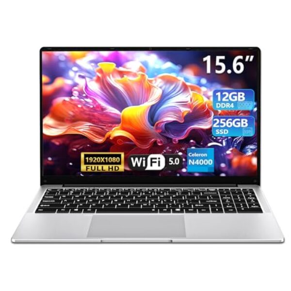 Laptop para jogos 2025, laptops tradicionais de 15,6 polegadas N4000, laptop com 12 GB de RAM, SSD de 256 GB, netbook fino e leve WiFi5 Mini-HDMI abertura de ângulo 180 BT5.0, laptop fino e leve para