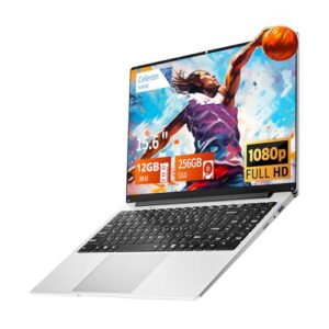 Laptop para jogos, laptops tradicionais de 15,6 polegadas N4000, laptop com 12 GB de RAM, SSD de 256 GB, Netbook WiFi 5 Mini-HDMI abertura de ângulo 180 BT5.0, USB3.0, laptop fino e leve para