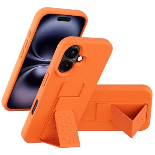LAUDTEC Capa de silicone com suporte compatível com iPhone 16, suporte vertical e horizontal, alça de mão de metal, capa flexível de silicone líquido macio para iPhone 16 (laranja)