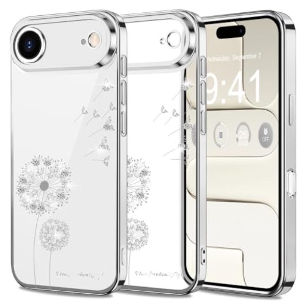 Layeri Capa protetora para iPhone Air, proteção total da lente da câmera, transparente, antiamarelamento, flores de dente-de-leão, capa protetora fina à prova de choque para iPhone 17 Air (prata