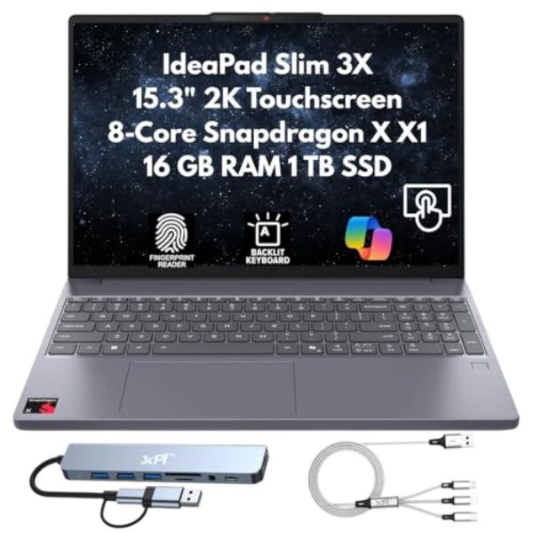 Lenovo IdeaPad Slim 3X Home Student Business Laptop 2025, 38.9 cm 2K (1920x1200) Touchscreen, 8-Core Snapdragon X X1-26-100, 16GB LPDDR5x RAM, 1TB SSD, FPReader, Wi-Fi 7, webcam, Copilot Windows 11