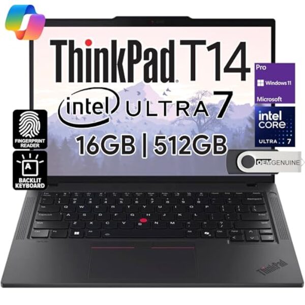 Lenovo Laptop ThinkPad T14 Business (14 polegadas FHD + IPS, Intel Ultra 7 155U, 16GB DDR5 RAM, 512GB SSD), webcam de 5MP, 2 Thunderbolt 4, PC AI 2024, Win 11 Pro