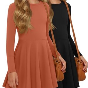 LessonZoo Pacote com 2 vestidos de manga comprida para meninas skater twirl a line gola redonda casual outono vestidos para crianças 5-14 anos, Preto, abóbora, 5-6 Anos