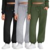 LessonZoo Pacote com 3 calças de moletom para meninas, com cordão, calça atlética, casual, cintura elástica com bolsos para adolescentes, Preto, cinza urze claro, verde exército, 9-10 Anos