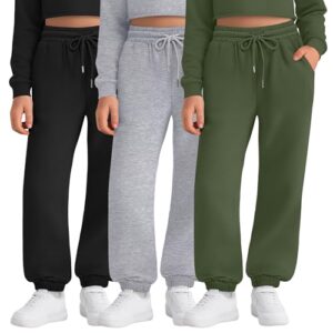 LessonZoo Pacote com 3 calças de moletom para meninas, com cordão, calça atlética, casual, cintura elástica com bolsos para adolescentes, Preto, cinza urze claro, verde exército, 9-10 Anos