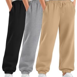 LessonZoo Pacote com 3 calças de moletom para meninos, calças esportivas casuais para treino, roupas infantis com bolso e cordão, Preto, cinza claro, cáqui, 13-14 Anos