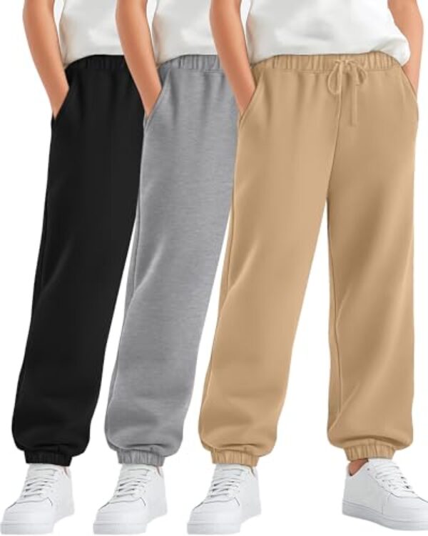 LessonZoo Pacote com 3 calças de moletom para meninos, calças esportivas casuais para treino, roupas infantis com bolso e cordão, Preto, cinza claro, cáqui, 13-14 Anos