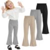 LessonZoo Pacote com 3 calças flare para bebês meninas pequenas, calças de sino mistas de algodão para bebês, leggings elásticas com babados sólidos, Preto, cinza claro, damasco, 4-5 Anos