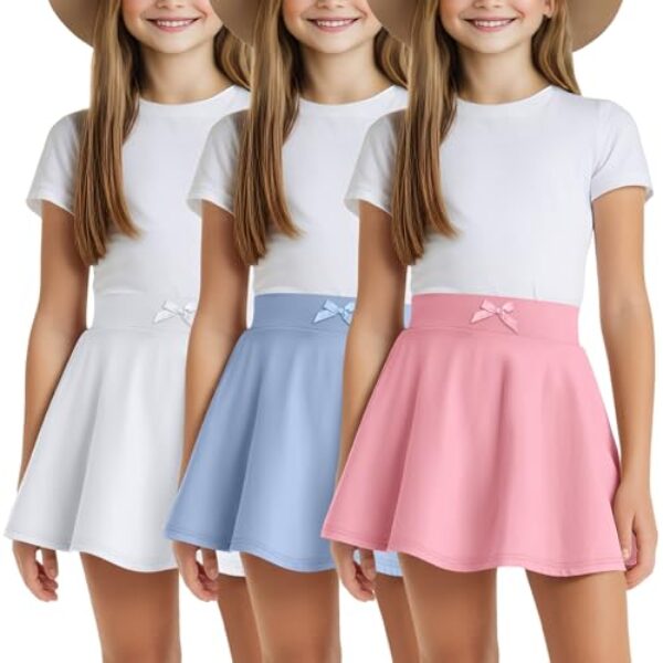 LessonZoo Pacote com 3 saias de uniforme para meninas plissadas rodadas mini shorts casuais ativos com bolsos, Rosa, azul claro, branco, 7-8 Anos