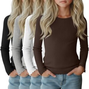 LessonZoo Pacote com 4 camisetas femininas de manga comprida de algodão caneladas, gola redonda, acabamento de alface, blusa básica, lisa, justa, preto, cinza, branco, marrom, 13-14 Anos