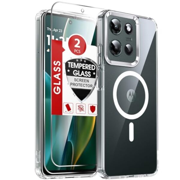 LeYi Capa para Moto-G-2025: Capa compatível com Motorola G 5G 2025 [Mag-Safe Fit] com protetor de tela, película fosca translúcida de toque suave e proteção de nível militar, transparente