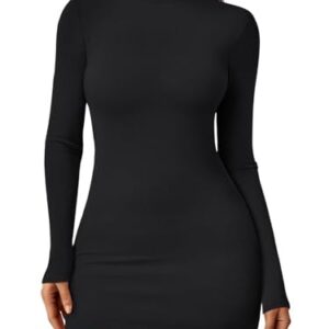 LILLUSORY Minivestidos femininos de manga comprida com gola redonda canelada, Preto, GG