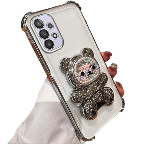 Linda capa de suporte compatível com Samsung Galaxy A32 5G capa de silicone à prova de choque de areia movediça de luxo com urso de areia movediça para Galaxy A32 5G capa de silicone macio TPU à prova