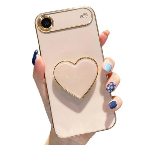 Linda capa para iPhone 17 Air de 6,5 polegadas, capa protetora à prova de choque de TPU macio rosa com suporte, suporte de coração de luxo para meninas e mulheres